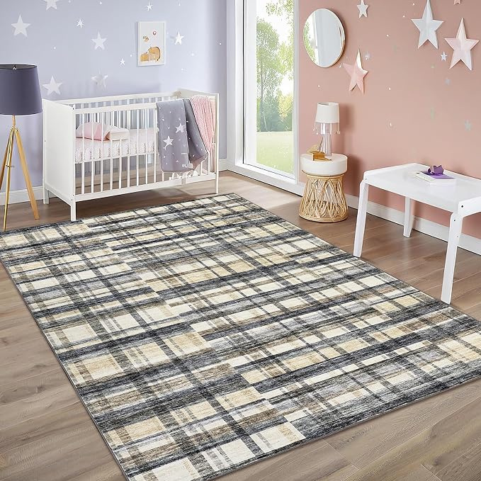 Washable Rugs 9 x 12 Rug for Living Room Farmhouse Rug for Bedroom Large Area Rug Plaid Non Slip Carpet Throw Rugs for Dining Room Stain Resistant Office Classroom, Blue/Beige