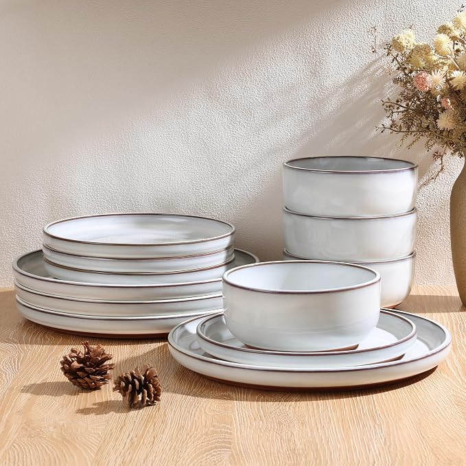 E-far Stoneware Dinnerware Sets for 2, 6 Pieces Reactive Glaze Plates and Bowls Sets, Elegant Dishes with Rustic Terracotta Base, Dishwasher & Microwave Safe, Scratch Resistant, Glacier White