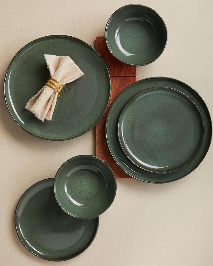 Pokini Ceramic Plates and Bowls Set, Everyday Dinnerware Set for 4, Wavy Rim Kitchen Dish Set, Chip Resistant Dishware Sets, Dishwasher Safe Dinner Set, Designed for Simple Meals, Forest Green