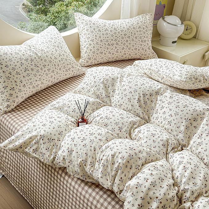 LifeTB 100% Cotton Muslin Duvet Cover Queen Size Vintage Botanical Floral Duvet Cover Ultra Soft Flower Comforter Cover Lightweight Soft Breathable Gauze Bedding Comforter Cover with 2 Pillowcases