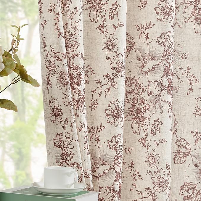 jinchan Linen Blend Curtain Floral Curtains for Living Room 63 Inch Length Christmas Brick Red Printed Curtain Rod Pocket Back Tab Farmhouse Peony Flower Patterned Drapes Curtains Set 2 Panels