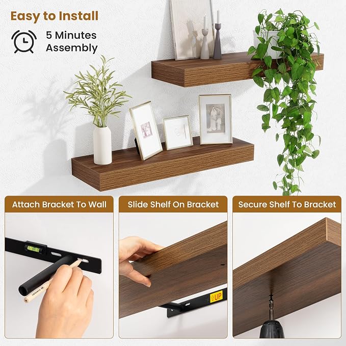 Fun Memories Floating Shelves Bathroom for Wall Mounted Shelves, 20 Inch Wood Shelf Set of 2, Home Storage & Display Decor, Walnut