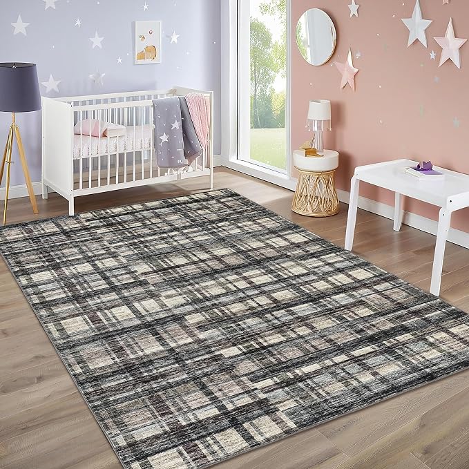 Washable Rugs 9 x 12 Rug for Living Room Plaid Area Rug Non Slip Large Area Rug Soft Non Shedding Throw Rugs Gingham Stain Resistant Carpet for Bedroom Office Dining Room Green/Brown 9'x12'