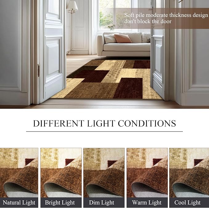 Modern Geometric Patchwork Indoor Area Rug for Living Room, Red 8x10 Large Rug Rockwood Collection Hardwood Floors Decor for Bedroom, Burgundy Throw Carpet for Office Entryway Dining Room