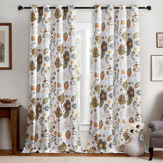 XiDi Vintage Floral Patterned Blackout Curtains 102 Inches Long 2 Panels for Bedroom Living Room Thermal Insulated Luxury Colorful Curtains Botanical Leaf Printed Design Grommet Drapes White 52x102
