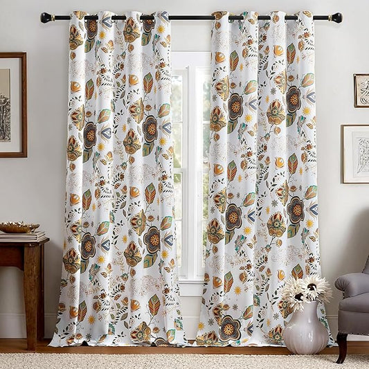 XiDi Extra Long Blackout Floral Curtains 108 Inches Long 2 Panels for Bedroom Living Room Thermal Insulated Luxury Colorful Curtains Vintage Patterned Botanical Printed Grommet Drapes White 52x108