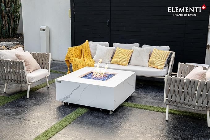Elementi+ | Bundle Bianco Gas Fire Pit | Marble Porcelain & Metal Frame | 40" Square Fire Table | Electronic Ignition | Canvas Cover, Fire Glass & Burner Lid Included | White | Propane Gas