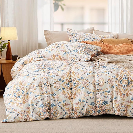 Bedsure Duvet Cover King Size - Reversible Floral Duvet Cover Set with Zipper Closure, 3 Pieces Bohemian Orange Bedding Set with 8 Corner Ties and 2 Pillow Shams 20"x36"