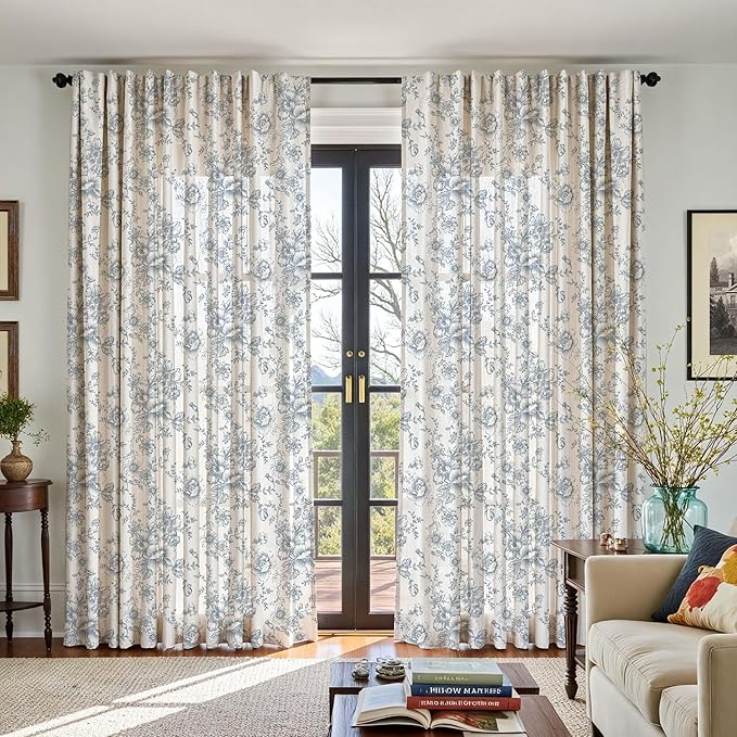 jinchan Linen Floral Curtains 100 Inch Extra Wide for Patio Sliding Glass Door Room Divider Curtain for Living Room 90 Inch Length Farmhouse Peony Blue Printed Curtain Set 1 Panel