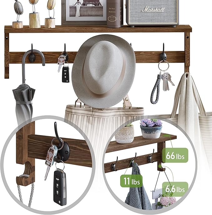 AMBIRD Coat Rack Wall Mount with Shelf, 28.9 Inches Coat Hooks Wall Mounted with 5 Hooks, Wall Hat Hooks for Hanging in Entryway, Living Room, Bathroom, Bedroom (Brown)