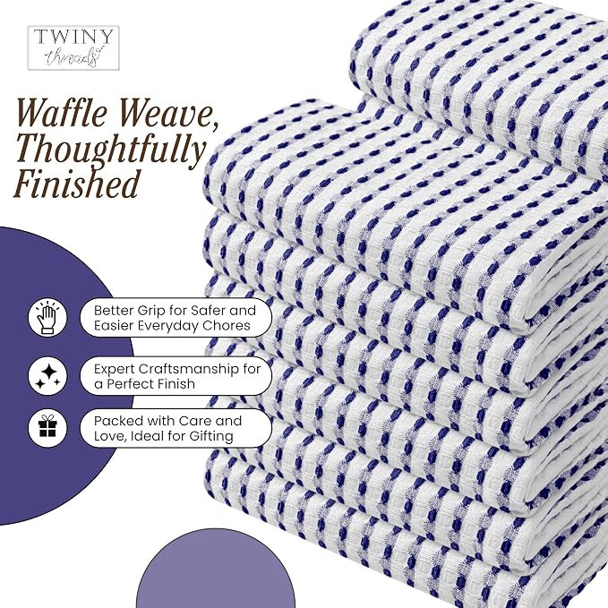 TWINY threads Waffle Kitchen Towels 4 Pack, 16x26 Inches Absorbent Waffle Weave Dish Cloth Set for Drying Dishes, Soft, Durable & Machine Washable Tea Towel, Quick Dry, Indigo Blue, White