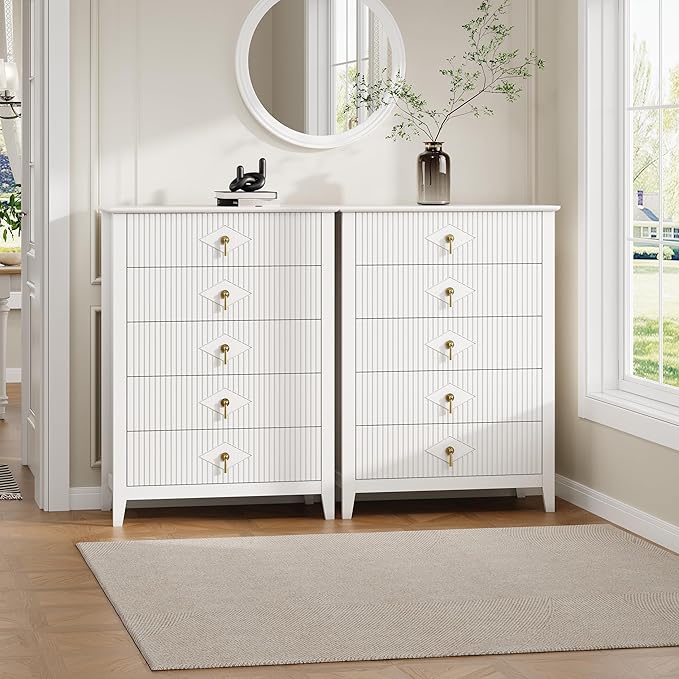 GarveeHome Fluted Dresser for Bedroom, 42.9" Tall 5-Drawer Wood Dresser, Modern Chest of Drawers, Storage Organizer Cabinet for Living Room, Hallway, Entryway, White