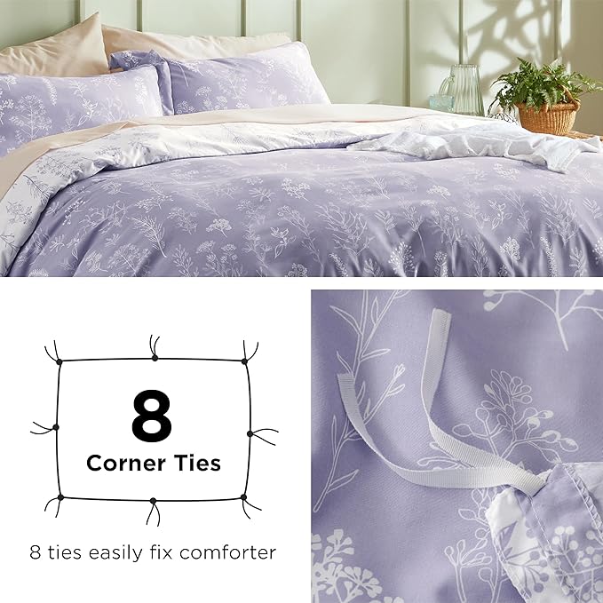 Bedsure Duvet Cover Queen Size - Reversible Lilac Purple Queen Duvet Cover Set with Zipper Closure, 3 Pieces Cute Floral Patterned Bedding Set with 8 Corner Ties and 2 Pillow Shams