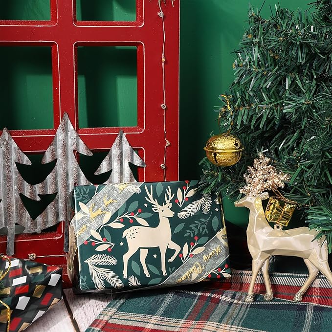 LeZakaa Green Christmas Wrapping Paper Mini Roll, Reindeer Holly Leaves Geometric Metallic Foil Holiday Gift Wrap, Arts Craft, for Xmas Winter Party, 17 x 120 inches, 3 Rolls