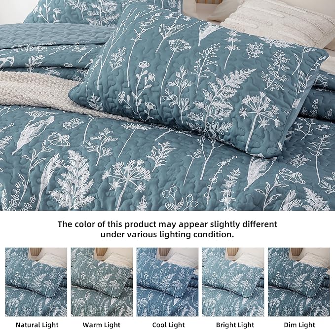 JANZAA Quilts Queen Size Bed Spread Botanical 3 Pieces Quilts Queen Size Sets with Floral Pattern Lightweight Microfiber Bedding Reversible 1 Quilt and 2 Pillow Cases-Mineral Blue