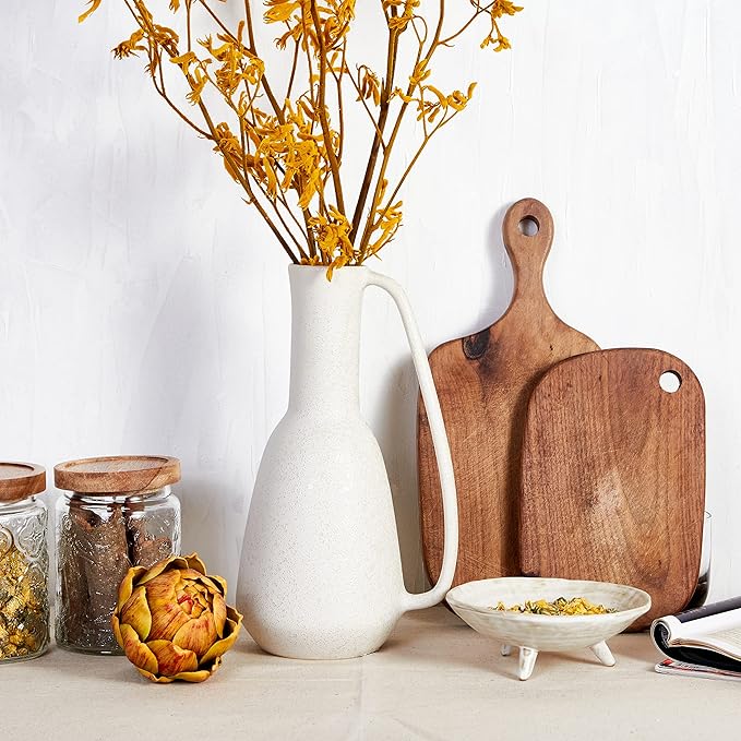 BlossoME Ceramic White Vase 12 inch Tall with Handle Matte Glazed Pottery Vessel Rustic Stoneware Table Decor Neutral Clay Jug Centerpiece Slender Shelf Book Pitcher Decor Flower Vessel