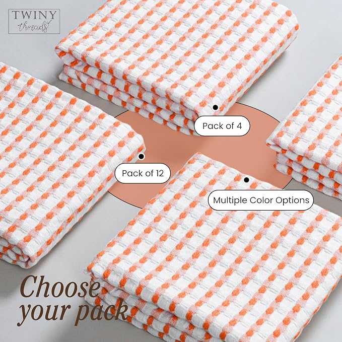 TWINY threads Waffle Dish Towels 4 Pack, 100% Cotton 16x26 Kitchen Hand Towel Pack, Highly Absorbent & Quick Dry Dishcloth Set for Drying Dishes, Cleaning Counters & Everyday Use, Orange, White