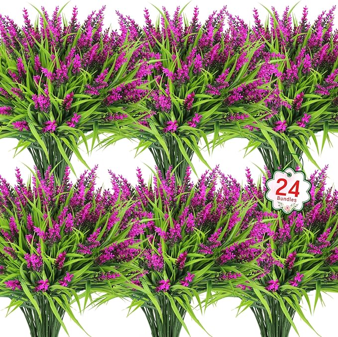 Ouddy Decor 24 Bundles Artificial Flowers for Outdoors, Fake Lavender Flowers Monkey Grass Faux Plastic Plants Shrubs UV Resistant for Porch Garden Window Box Office Home Decorations, Fuchsia