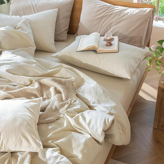 MooMee Bedding Duvet Cover Set 100% Washed Cotton Linen Like Textured Breathable Durable Soft Comfy (Heathered Almond Milk Grey, Cal King 104"x98")