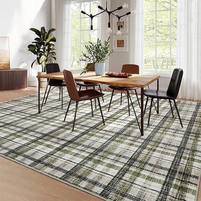 10x13 Area Rug for Living Room Washable Rugs Farmhouse Bedroom Rug Large Rug Non Slip Modern Plaid Throw Rugs for Dining Room Stain Resistant Carpet for Office Classroom, Green&Taupe