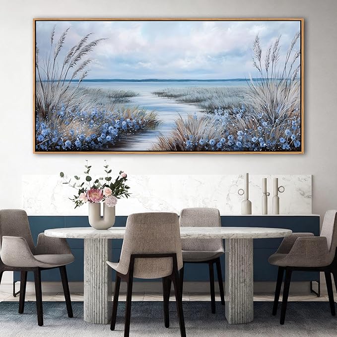 KLAKLA Beach Wall Art for Living Room 58x29 Inches Blue Ocean Wall Paintings Sea Wave Canvas Picture Artwork Modern Poster Bedroom Office Home Decor