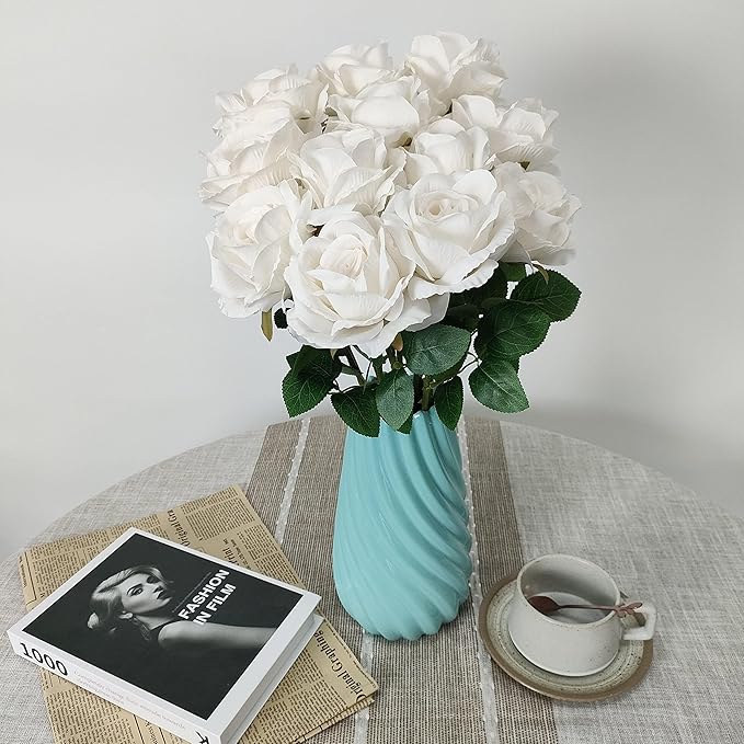 ATFL Fake White Roses Artificial Flowers Bulk,Floral Diameter 4'',20 Pcs Artificial Silk Roses Flowers with Stems for Wedding Arrangement Centerpieces Party Home Table Decorations (20, White)