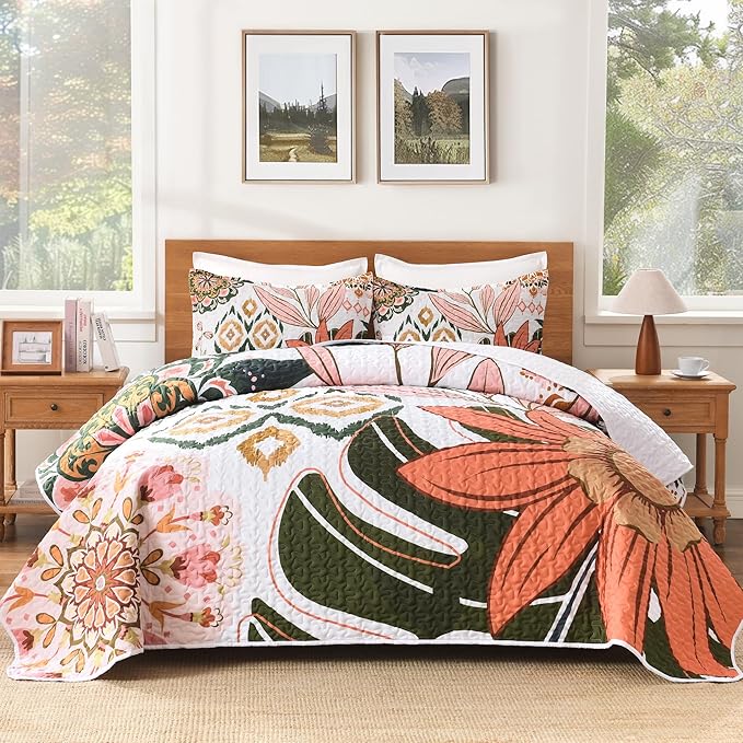 Andency Floral Boho California King Quilt Bedding Set Pink, 3 Pieces Farmhouse Flower Botanical Summer Oversized King Bedspreads, Soft Reversible Lightweight Microfiber Coverlet Set, 104"x112"