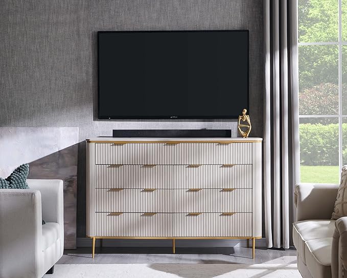 T4TREAM Fluted 9 Drawers Dresser, Modern Wooden Top Chest of Drawers with Curved Profile Design, Dresser TV Stand Drawer Organizers for Bedroom, Living Room, Hallway(White Alder)