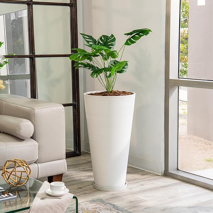 XBrand Modern 28-Inch Tall Round Planter, Modern Tapered Planter Perfect for Indoor & Outdoor Planter, Patio Décor, White