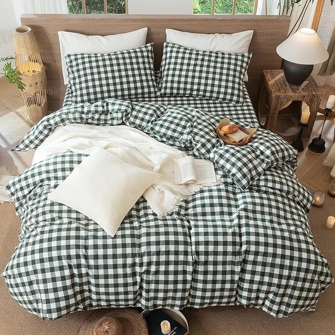 MooMee Gingham Duvet Cover Set 100% Washed Cotton Linen Like Textured Breathable Durable Soft Comfy Modern Checkered Design (Buffalo Plaid Forest Green, Twin 68"x90")