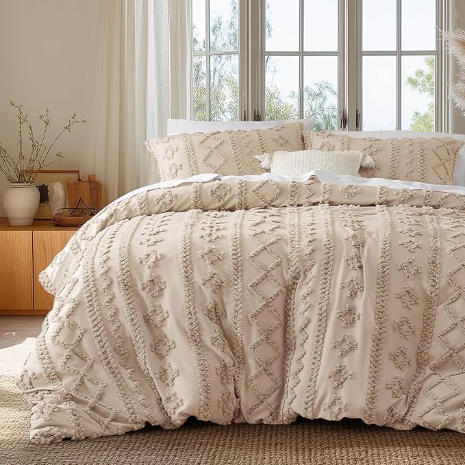 Bedsure Boho Duvet Cover King Size, Soft & Comfortable Elegant Design Boho Bedding for Decoration, Machine Washable Comforter Cover for All Seasons,Includes 1 Duvet Cover & 2 Pillow Shams,Khaki