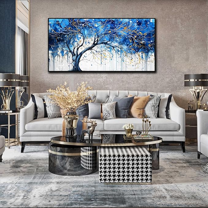 Tree Theme Pictures for Wall Decor - Blue Living Room Wall Art - Large Black Framed Wall Art Size 29" x 59"