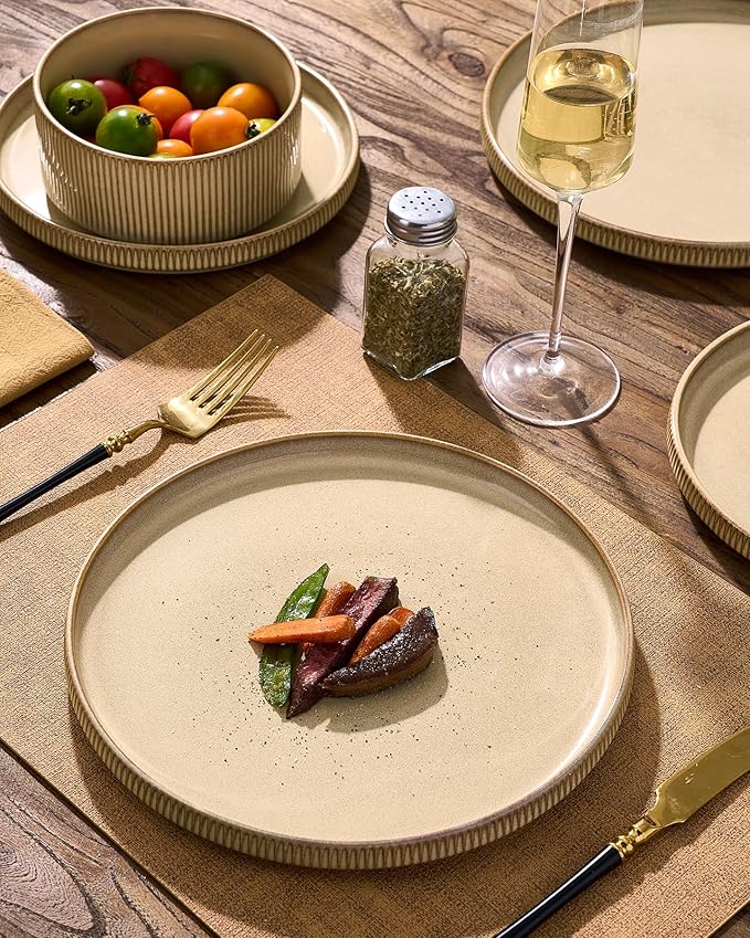 Stoneware Dinnerware Sets, Handcrafted Double Reactive Glaze Plates and Bowls for Everyday & Formal Dining, Microwave & Dishwasher Safe, Scratch Resistant Dishes Service for 4 (12-Piece), Cream