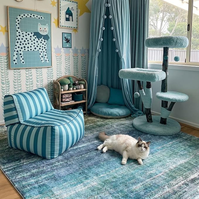 Kokia Abstract Teal Area Rugs 6x9 Boho Washable Distressed Retro Indoor Floor Rug Multicolor Low Pile Non-Slip Non-Shedding Carpet Bedroom Living Room Dining Room, Blue and Green