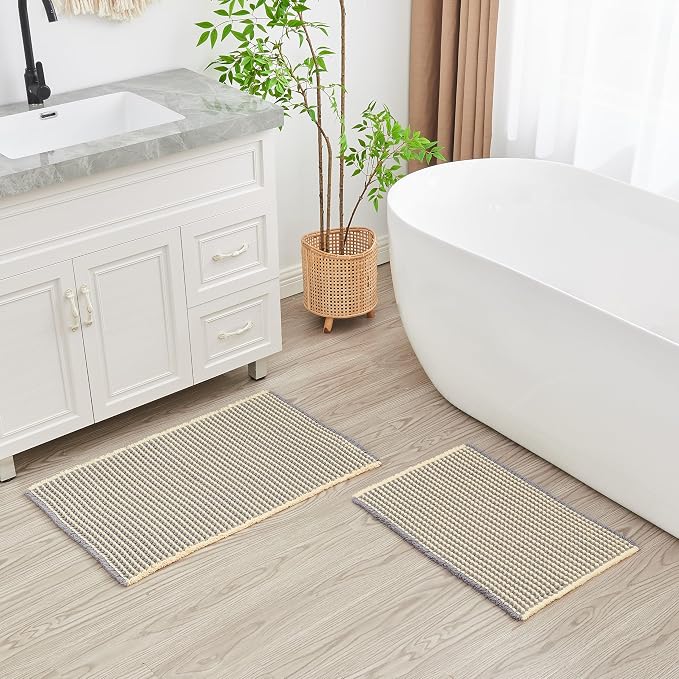 Douceur Waffle Bath mat for Bathroom Floor Non Slip, Super Soft Acrylic Blend Bath Rugs with Tassels, Quick Dry Bathroom Rugs Machine Washable, 20" x 32", Grey&Yellow