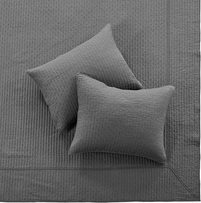 Levtex Home Cross Stitch Reversible Full Bedspread Set (100x104in) with 2 Pillow Shams (26x20in) - Stitch Texture - Charcoal - Cotton Full Size Bedspread Set - Lightweight, Soft, Pre-Washed