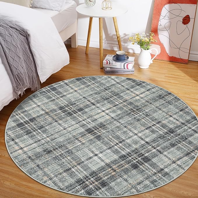 Tartan Plaid Washable Round Rugs 4ft, Non-Slip Soft Small Round Rug Circle Stain Resistant Low Pile Carpet for Entryway Kitchen Bedroom Nursery Bathroom, Greyish Green