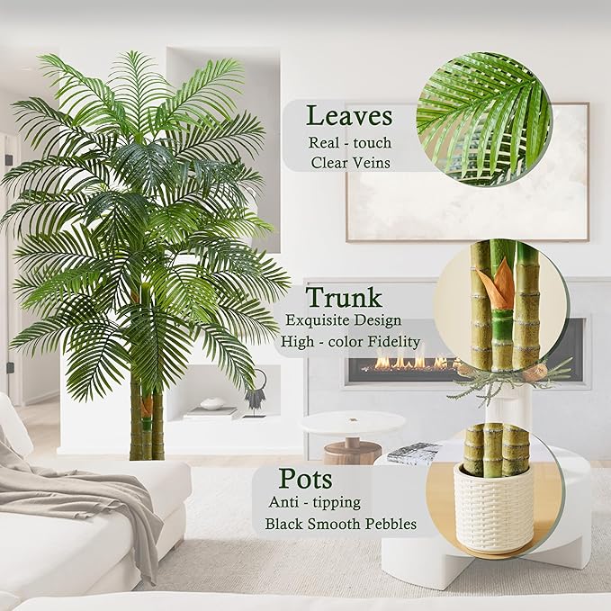 Artificial Golden Cane Palm Tree：6T Fake Large Tropical Areca Palm Trees Tall Faux Silk Plant in White Pot with Realistic Triple Textured Trunks for Office Outdoor Home Decor Hotel Patio Lobby