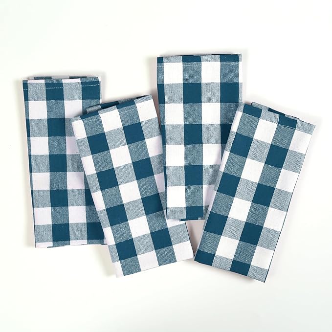 Gingham Checked Kitchen Dish Towels 12 Pack, 18"x26", 100% Cotton, Quick Dry Wash Rags, Reusable Dishcloths Set, Machine Washable, Absorbent Hand Towel - Teal Green, White