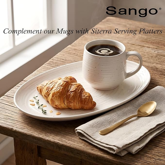 Sango Siterra Artist's Blend 17 oz. Stoneware Mug Set- Service for 4, Rustic Design, Green/White/Beige, Scratch-Resistant, Microwave & Dishwasher Safe, for Everyday Dining & Entertainment