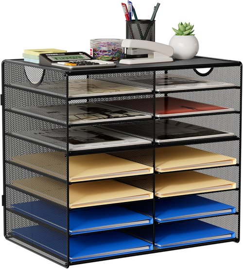 EasyPAG Paper Trays - 14-Tier Mesh Desk Organizer with Handle | A4/Letter Size for Office & Home - Black