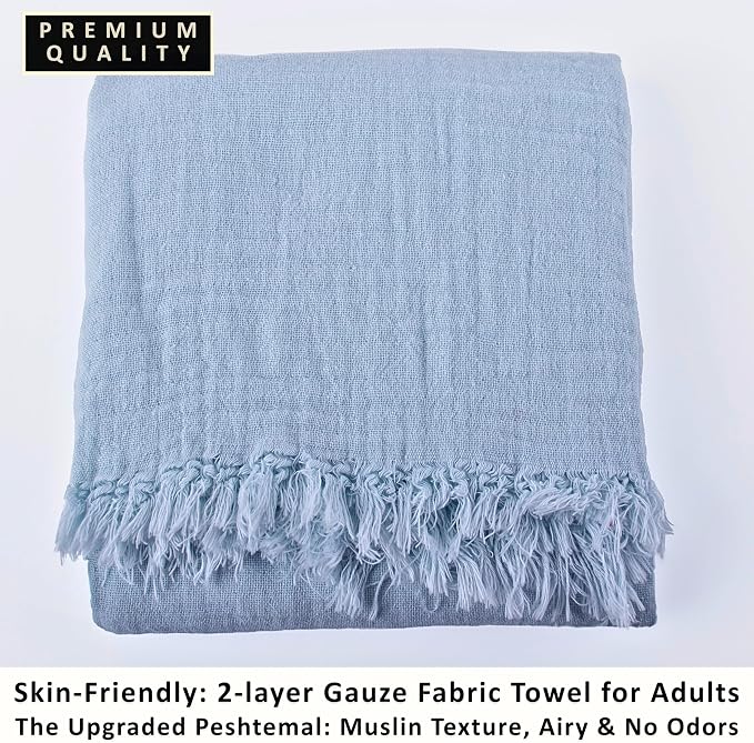 PÜSKÜL - Premium 2-Piece Oversized Muslin Bath Towel for Adult 35x70 Extra Large Bath Sheets | Natural 100% Turkish Cotton Soft Absorbent Quick-Dry Light Spa & Beach Towels (Pack of 2, Ice Blue)