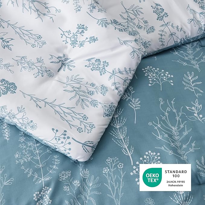 Bedsure Queen Comforter Set - Mineral Blue Bed Set, 3 Pieces Cute Floral Bedding, 1 Soft Reversible Botanical Flowers Comforter and 2 Pillow Shams