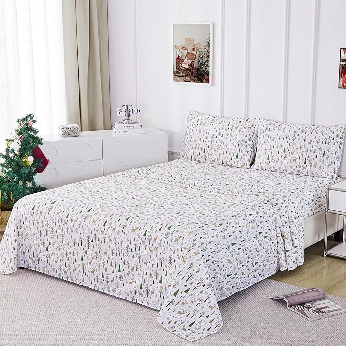 Softan Christmas Holiday Queen Size Sheet Set, Printed Microfiber Fitted Bed Sheet with 15" Deep Pocket & Non-Slip Straps, Forest Deer Patterned Sheets & Pillowcase Set