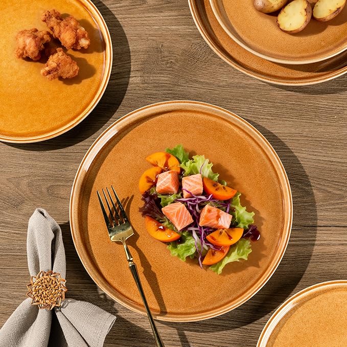 GBHOME Ceramic Dinnerware Sets for 4, 12 Pieces Stoneware Plates and Bowls Sets, Scratch Resistant Dishes, Dishwasher & Microwave Safe, Reactive Glaze-Amber