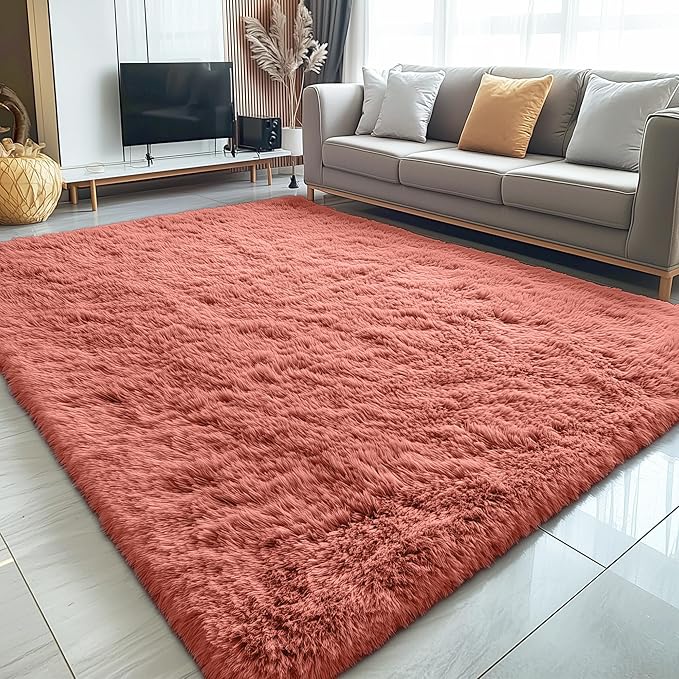OLANLY 5x7 Machine Washable Large Area Rugs for Living Room, Bedroom, Soft Fluffy Shaggy Bedside Rug, Indoor Floor Carpet for Kids Girls and Boys, Dorms, Nursery, Home Decor Aesthetic, Rust Red