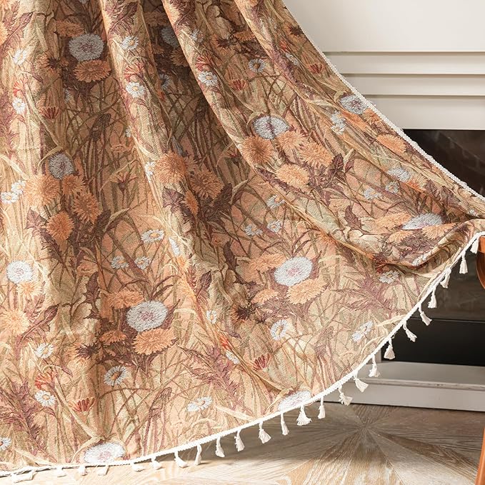 ENJOYBRIDAL Dandelion Curtains 96 Inch Long Bedroom Boho Drapes Vintage Semi Sheer Jacquard Rod Pocket Window Curtain Panels Living Room 2 Panels Decorative Tassel Farmhouse Window Treatments