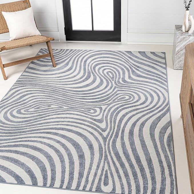 JONATHAN Y Maribo High-Low Abstract Striped Dark Blue/Cream 8x10 Indoor/Outdoor Area Rug for Patio, Backyard, Living Room, Bedroom, Office, Hose-Washable (SCN103E-8)