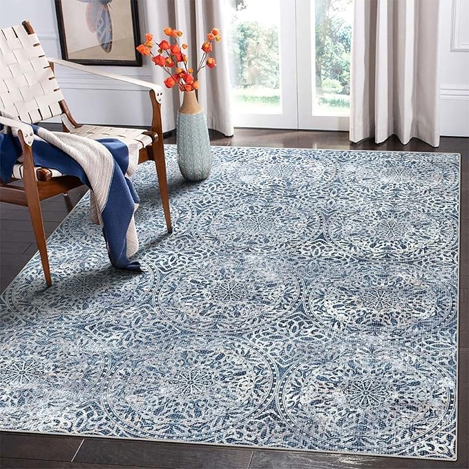 vivorug 8x10 Area Rugs for Living Room, Non-Slip Backing Washable Blue Rug 8x10, Large Area Rug Soft Carpet for Bedroom Dining Room, Vintage, Easy Clean, Durable, Low Pile Rug Under Table
