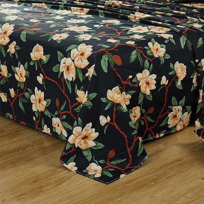 FADFAY Sheets Set King Shabby Black and Yellow Floral Bedding Elegant Peony Sheets Set Vintage Farmhouse Bedding Soft 100% Egyptian Cotton 800 Thread Count Deep Pocket Fitted Sheet, 4Pcs-King Size